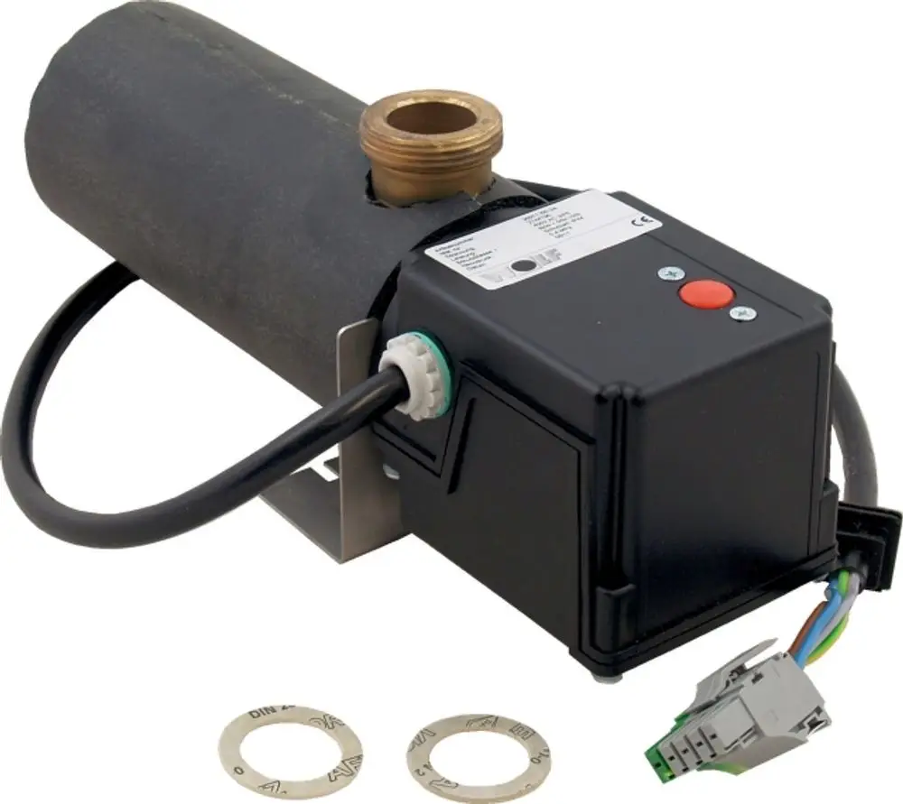 Elektroheizung von Wolf mit einem zylindrischen Gehäuse und elektrischen Anschlusskabeln. Enthält Montagehalterung und zwei Unterlegscheiben.